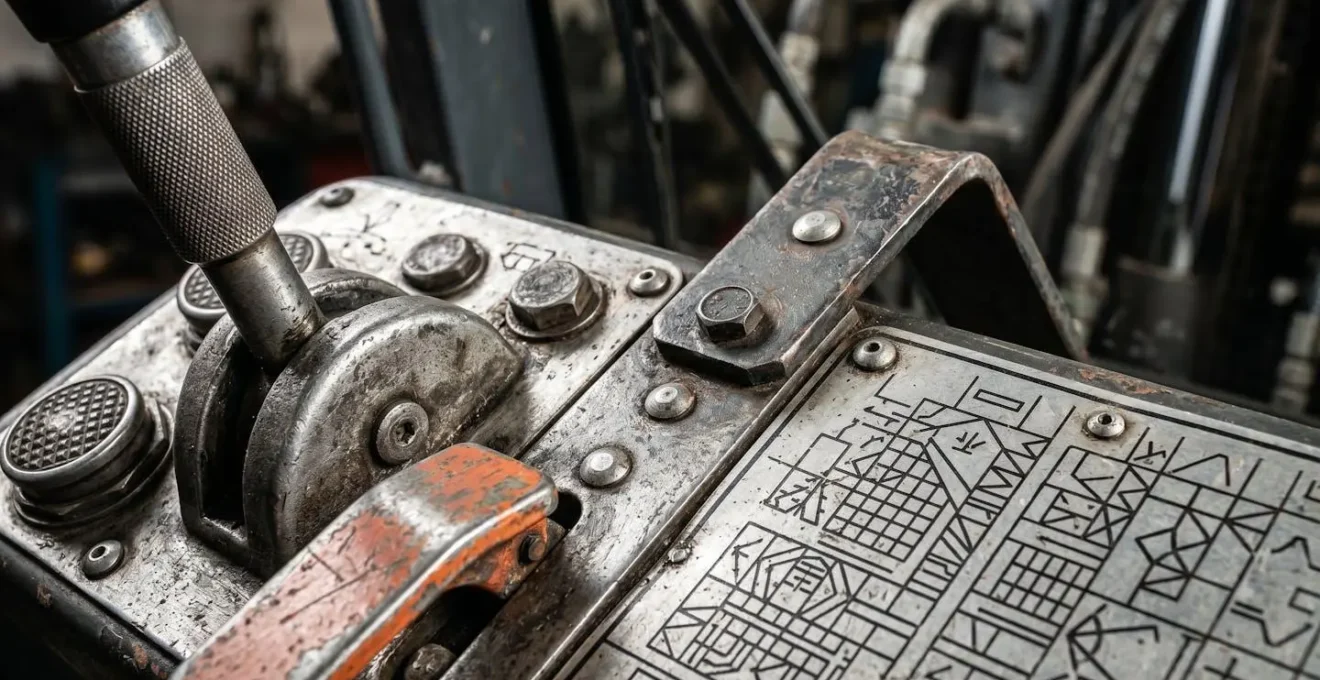 Gros plan technique sur un processus de vérification de sécurité pour équipement de levage industriel avec focus sur les détails mécaniques