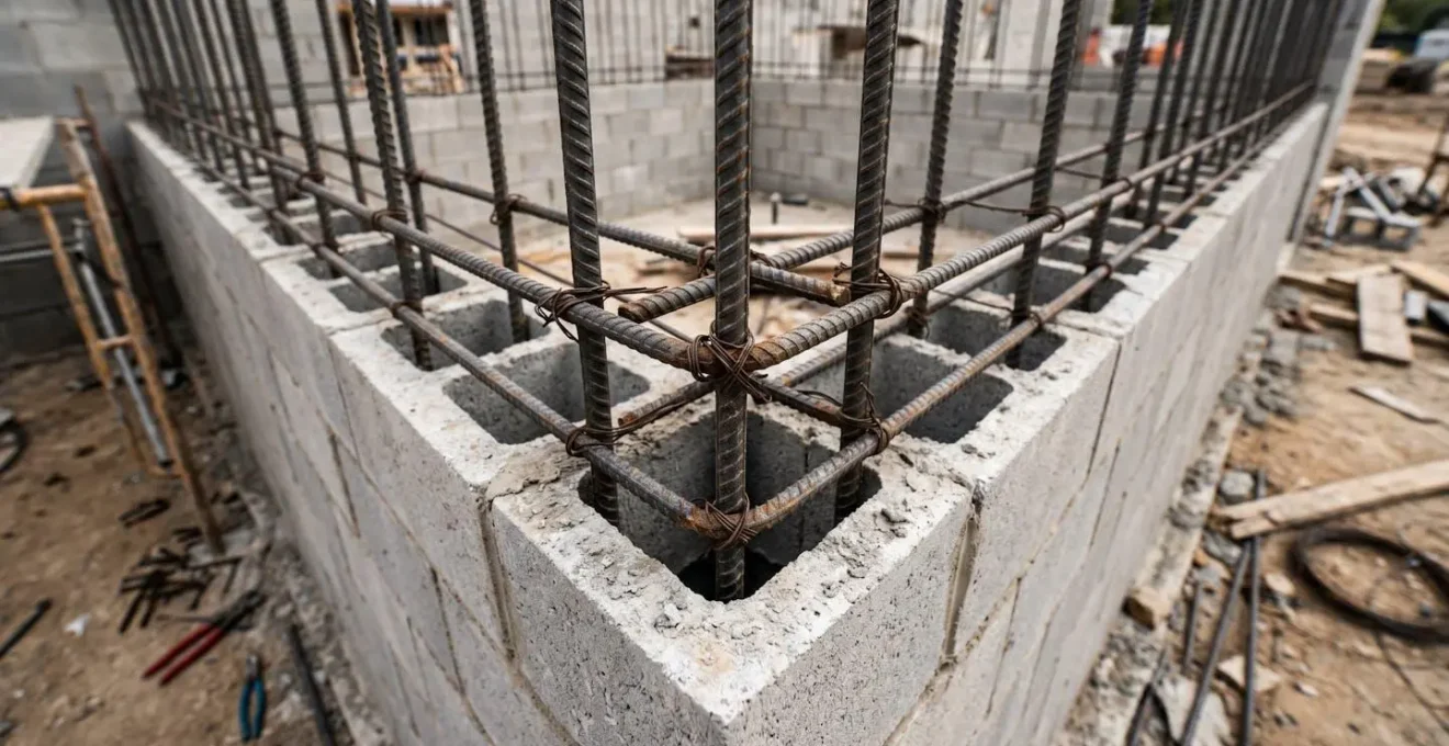 Gros plan sur les aciers de chaînage vertical croisés dans l'angle d'un mur en parpaings avant coulage du béton