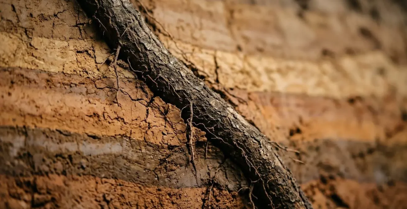 Système racinaire d'arbre mature influençant l'humidité du sol argileux près d'une fondation de maison