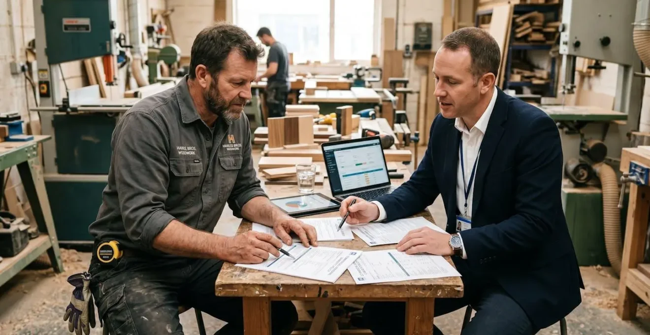 Artisan en tenue de travail et conseiller en assurance examinant ensemble des documents lors d'une consultation professionnelle