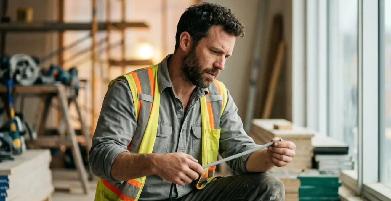 Portrait en plan moyen d'un professionnel du bâtiment dans un environnement de chantier exprimant concentration et responsabilité