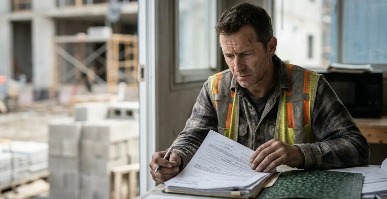 Artisan du bâtiment consultant des documents d'assurance avec expression préoccupée dans un environnement de chantier