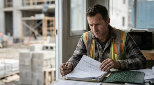 Artisan du bâtiment consultant des documents d'assurance avec expression préoccupée dans un environnement de chantier