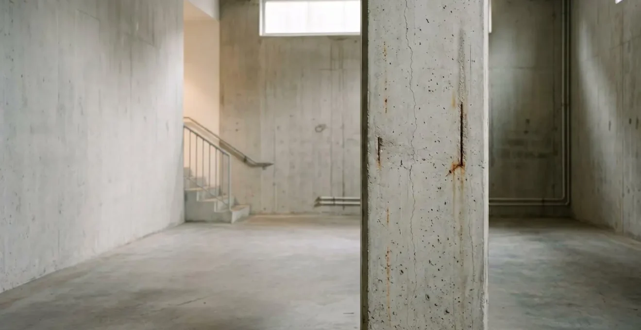 Vue rapprochée d'un élément en béton armé montrant les premiers signes de dégradation par corrosion