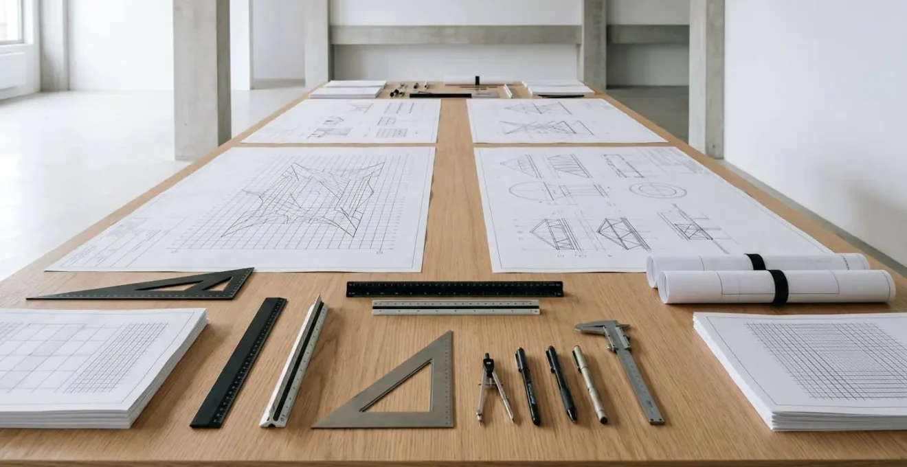 Environnement de travail épuré avec plans architecturaux et outils de vérification symbolisant le contrôle technique