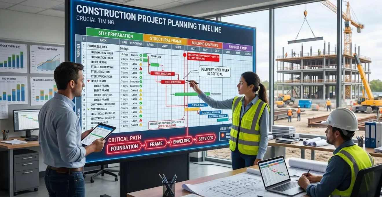 Représentation visuelle du timing crucial dans la planification d'un projet de construction