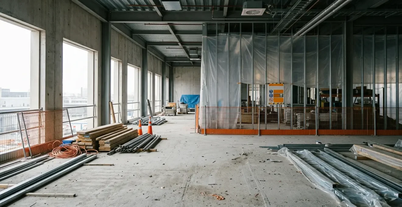 Chantier de construction en pause avec zone de confinement pour amiante dans les cloisons