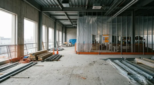 Chantier de construction en pause avec zone de confinement pour amiante dans les cloisons
