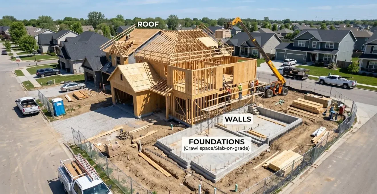 Vue d'ensemble d'un chantier de maison individuelle en construction montrant les différentes zones critiques (fondations, murs, toiture)