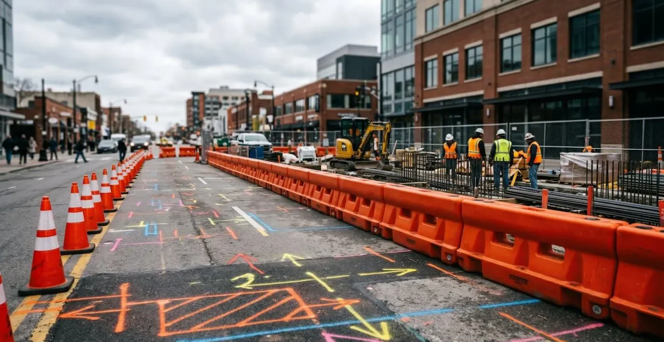 Chantier de travaux urbains avec marquage au sol des réseaux enterrés et équipement de sécurité