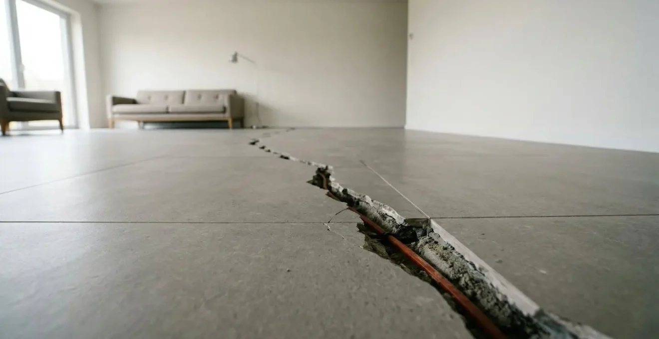 Sol en carrelage fissuré révélant les canalisations du chauffage encastré