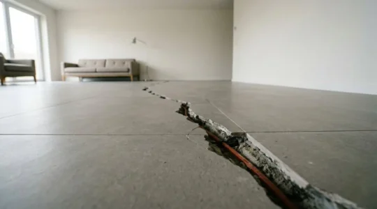 Sol en carrelage fissuré révélant les canalisations du chauffage encastré