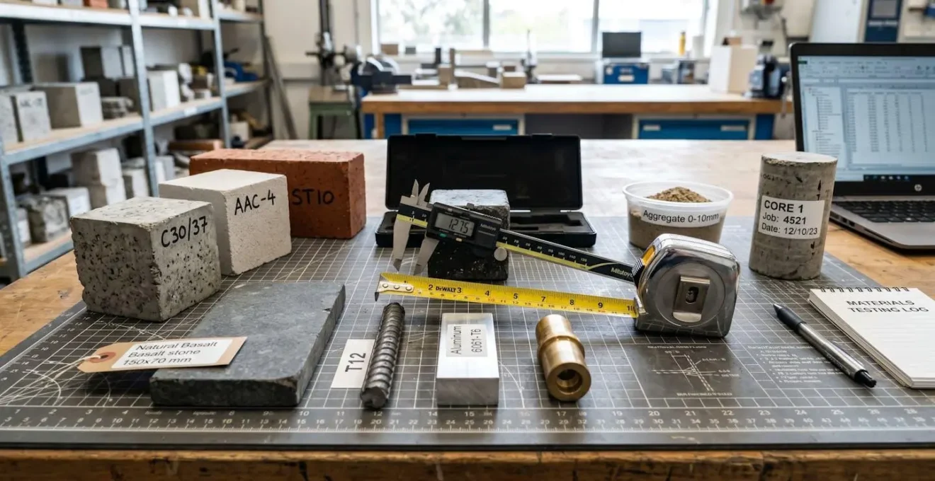 Outil de mesure professionnel et échantillons de matériaux de construction sur une surface technique