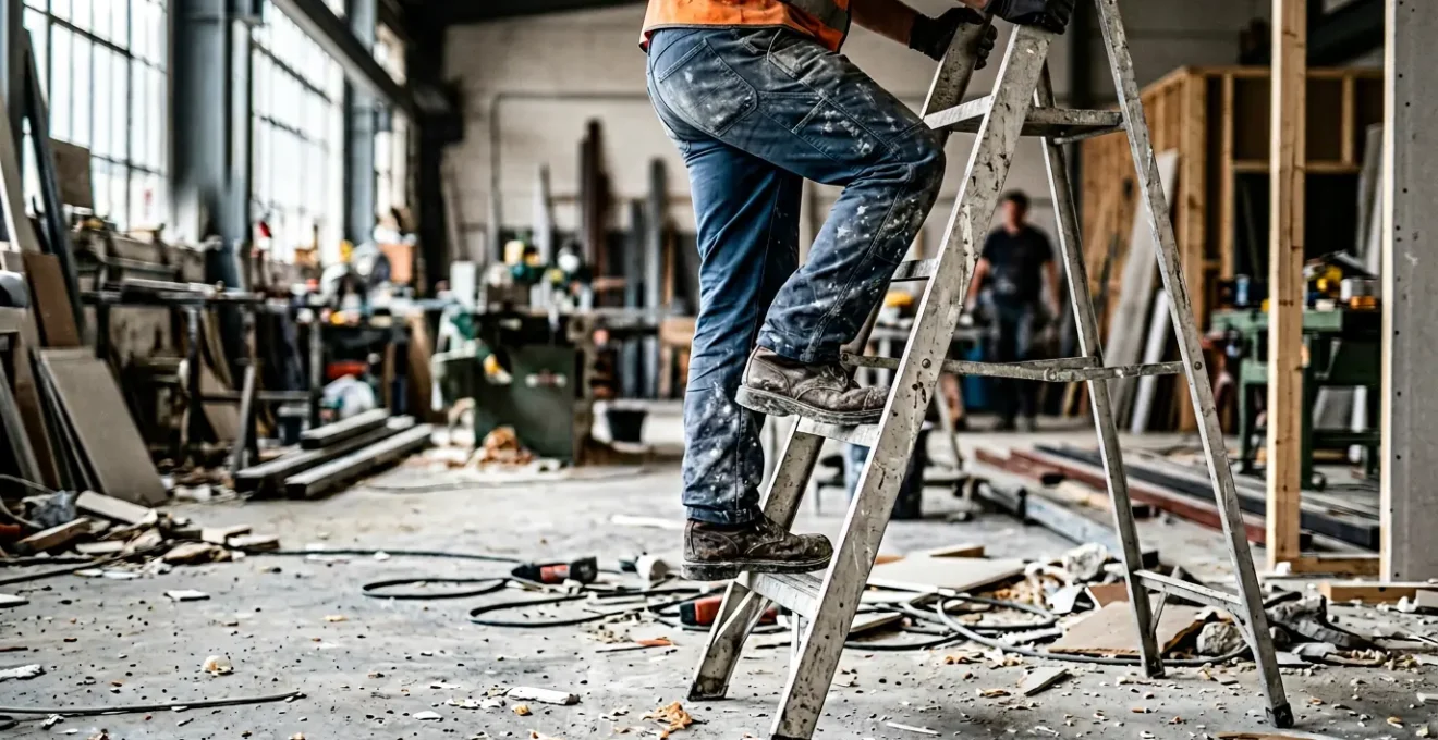 Ouvrier en équilibre précaire sur un escabeau symbolisant les risques d'accident du travail dans le secteur du bâtiment