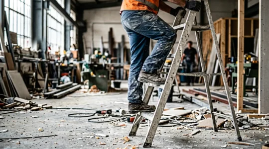 Ouvrier en équilibre précaire sur un escabeau symbolisant les risques d'accident du travail dans le secteur du bâtiment