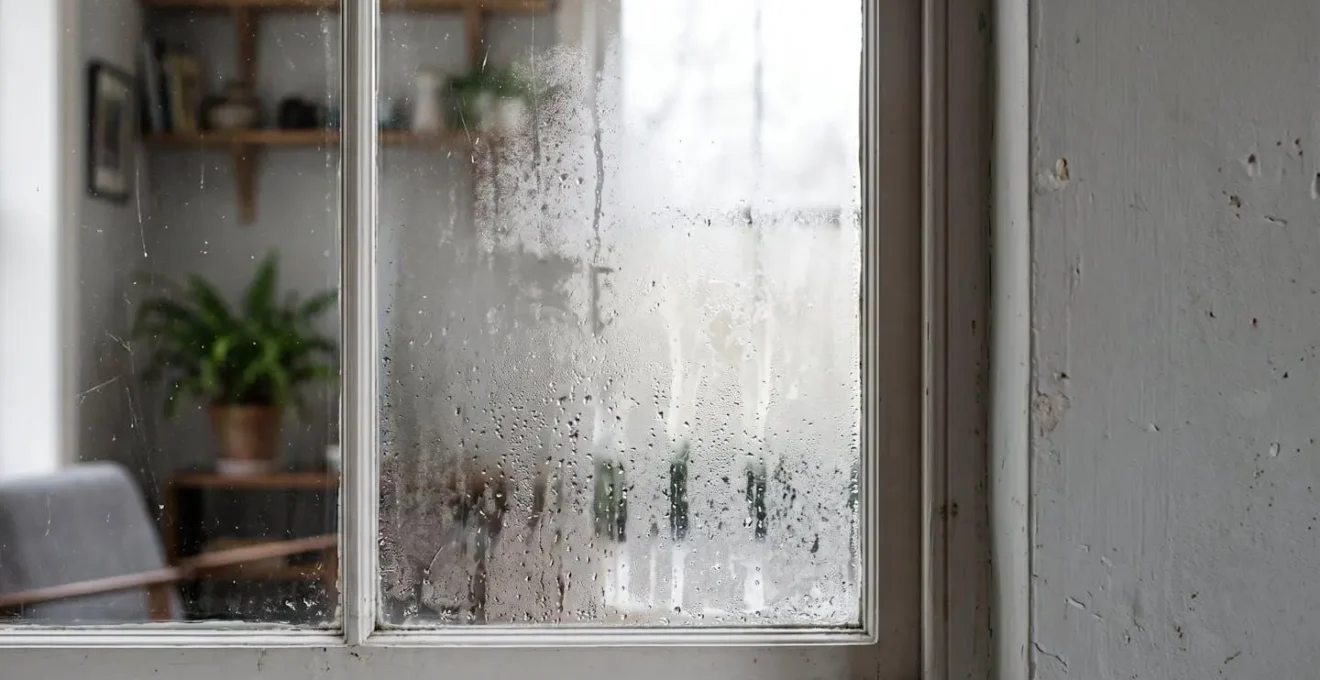 Condensation visible entre les deux vitres d'un double vitrage défectueux
