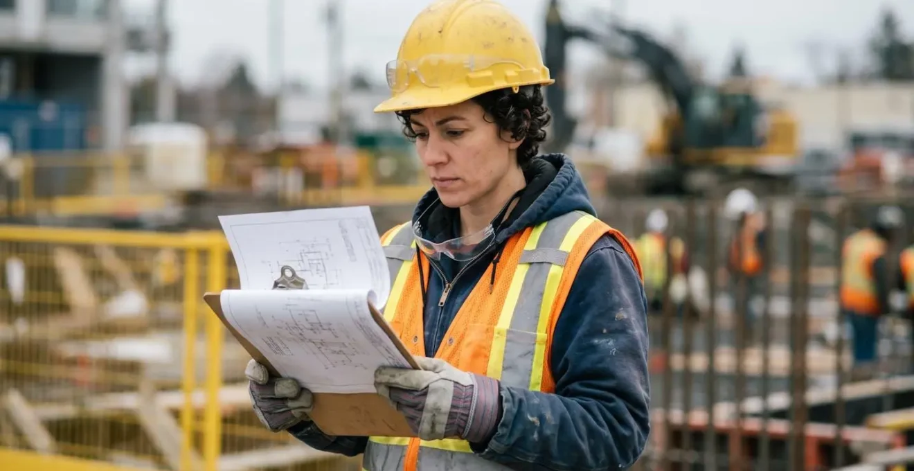 Coordinateur SPS examinant des documents techniques sur un chantier en zone sécurisée