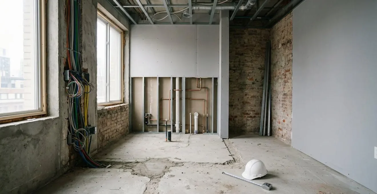 Vue d'ensemble d'un chantier de rénovation d'appartement montrant l'espace de travail coordonné entre plusieurs corps de métier