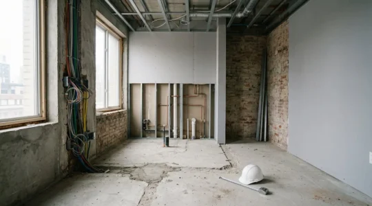 Vue d'ensemble d'un chantier de rénovation d'appartement montrant l'espace de travail coordonné entre plusieurs corps de métier