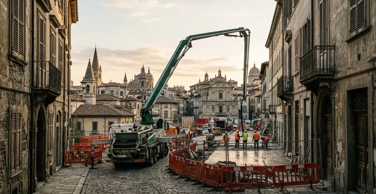 Chantier de construction de dalle en béton dans un environnement urbain historique avec grue et pompe