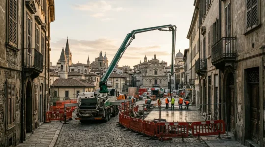 Chantier de construction de dalle en béton dans un environnement urbain historique avec grue et pompe