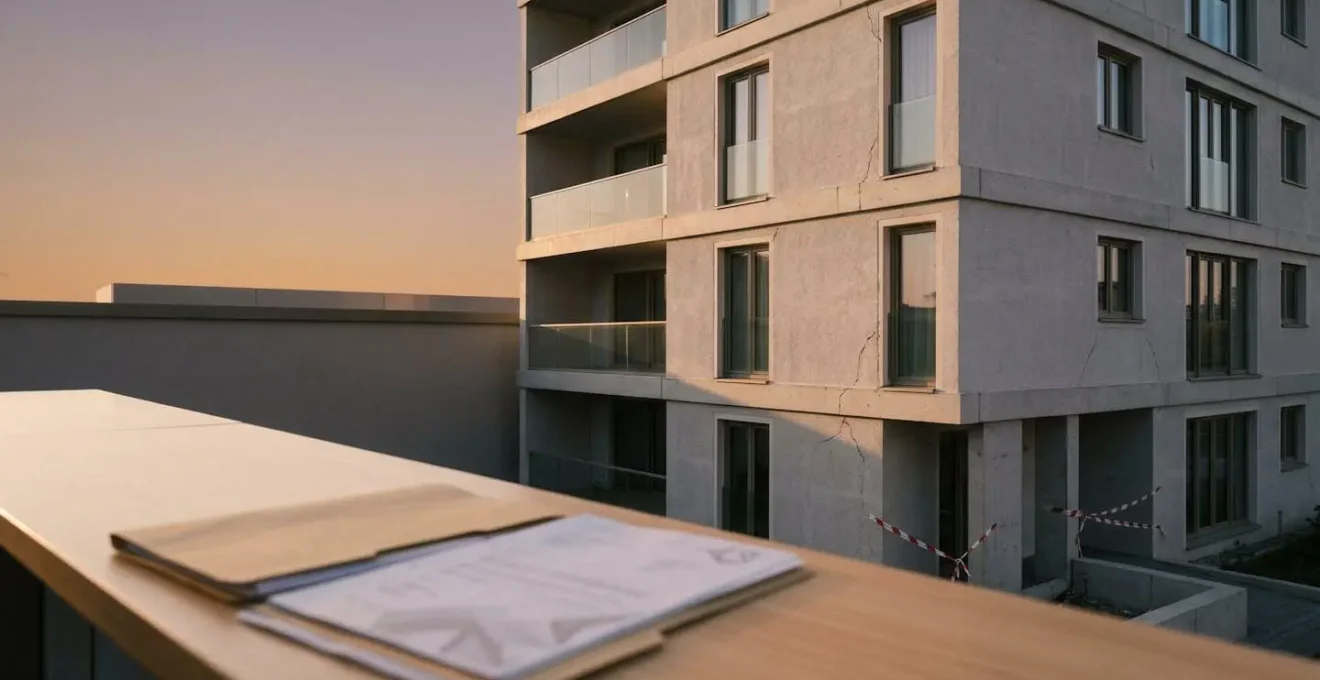 Propriétaire face à un immeuble neuf avec des documents administratifs concernant un arrêté de péril et des échéances de crédit