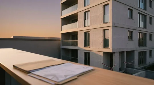 Propriétaire face à un immeuble neuf avec des documents administratifs concernant un arrêté de péril et des échéances de crédit