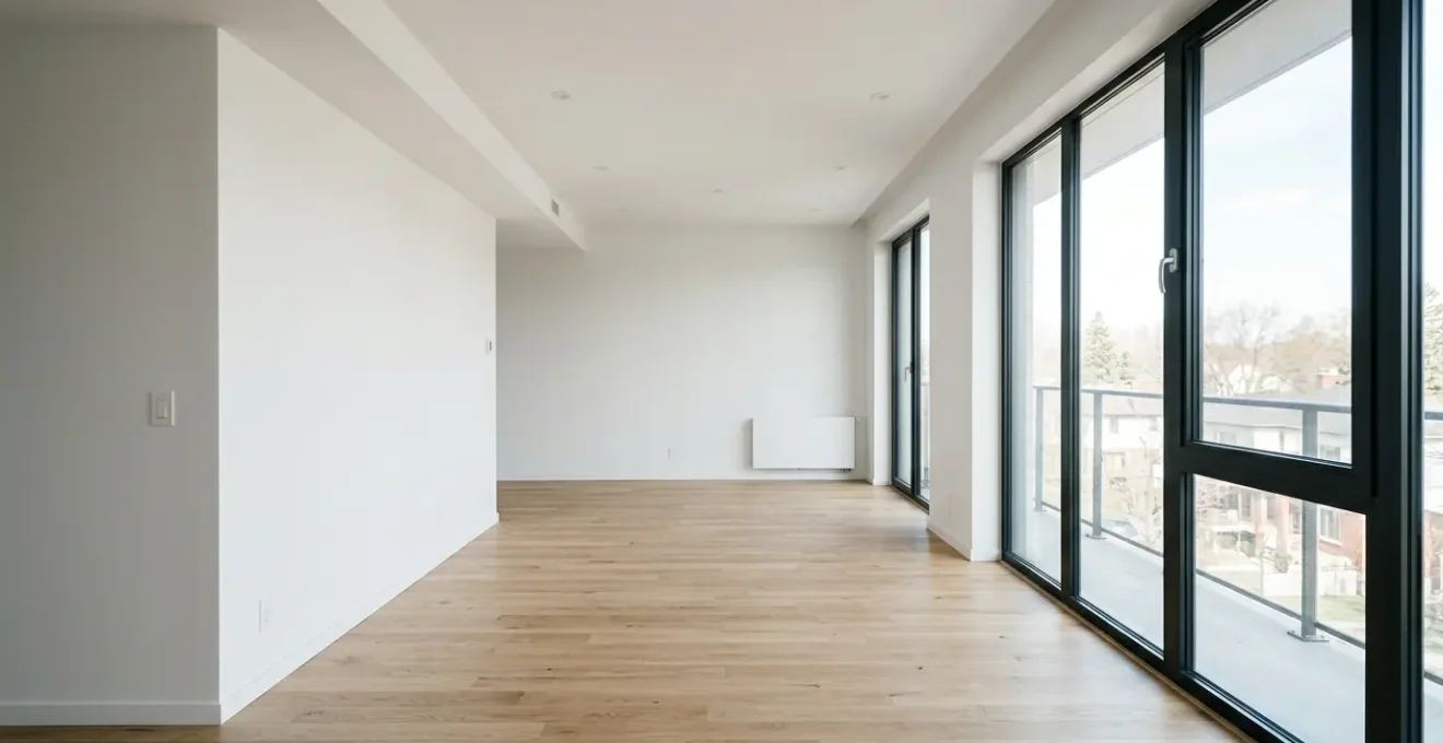 Intérieur d'un appartement neuf aux murs blancs avec des détails de construction modernes illustrant les problématiques d'isolation