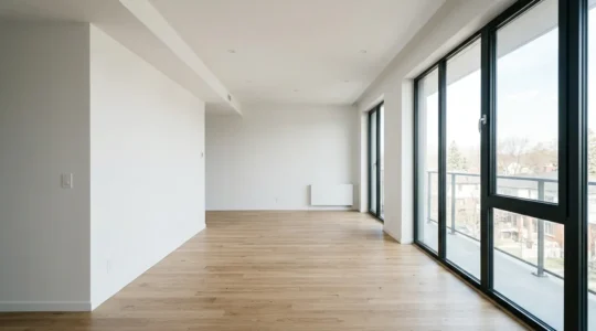 Intérieur d'un appartement neuf aux murs blancs avec des détails de construction modernes illustrant les problématiques d'isolation