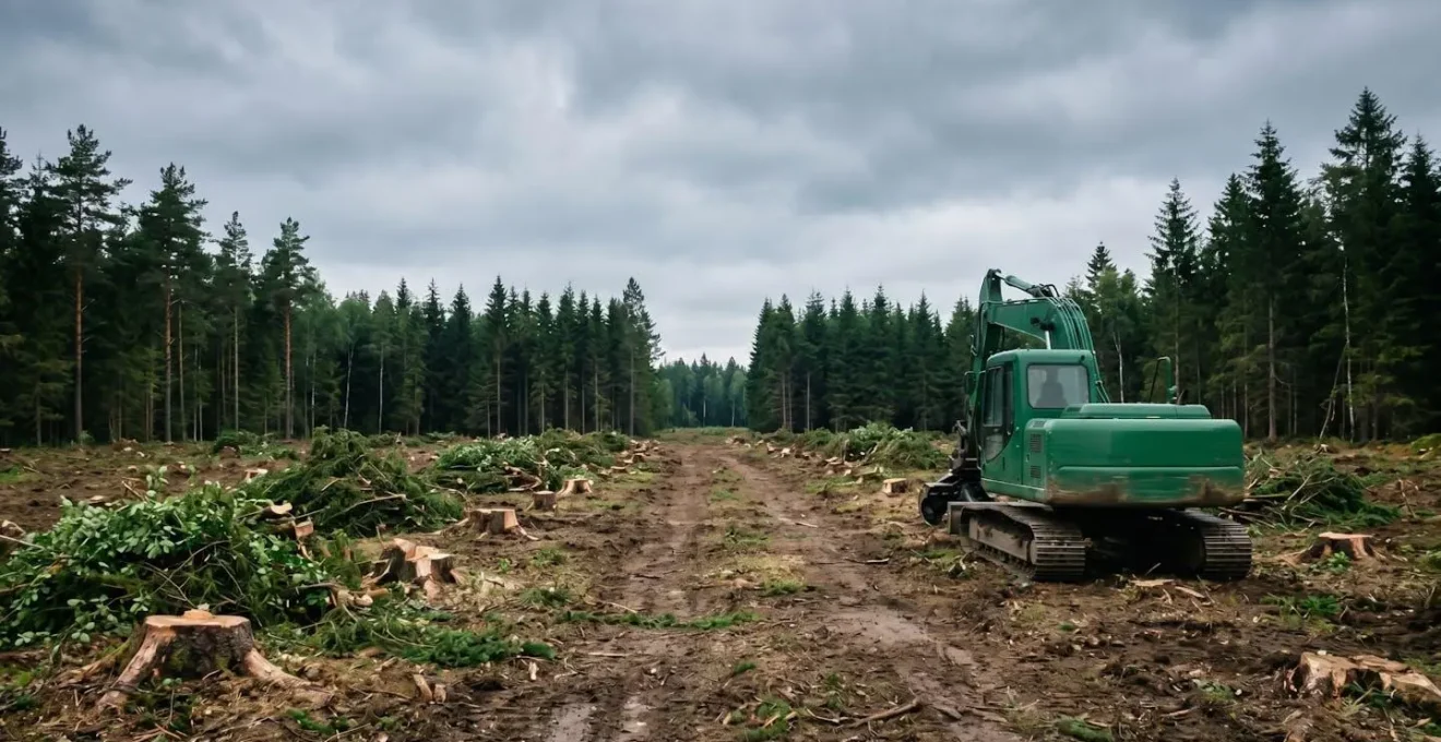 Parcelle en cours de défrichage avec équipement forestier et éléments naturels symbolisant la contrainte temporelle réglementaire