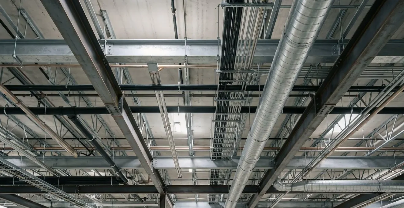 Equipement MEP et structure métallique avec espaces de maintenance clairement délimités dans un environnement de chantier