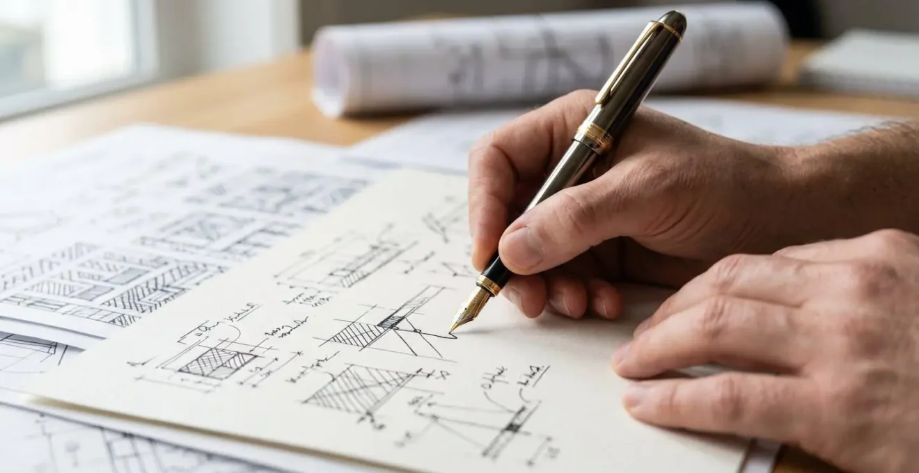 Gros plan sur des mains d'ingénieur annotant un document technique avec stylo symbolisant la rédaction de clauses de réserve