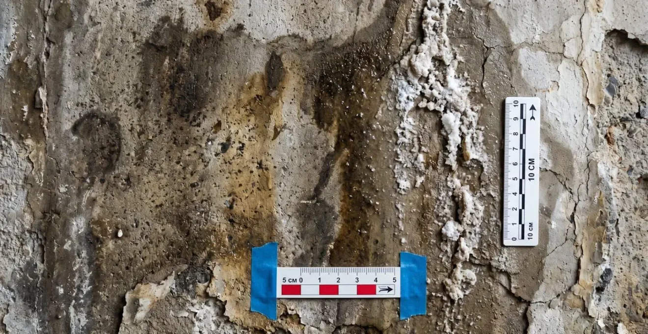 Détail d'une surface de mur montrant des traces d'infiltration d'eau et des marqueurs d'échelle pour documentation technique