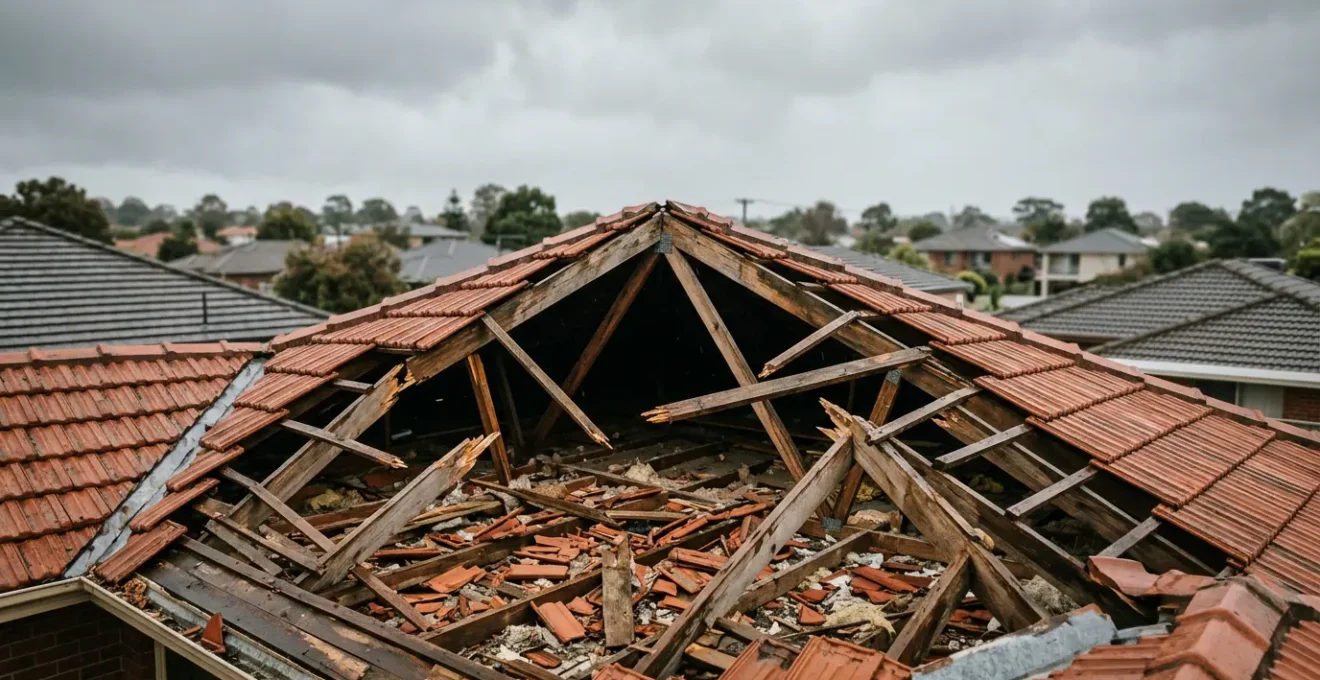 Scène réaliste d'une toiture effondrée avec débris de charpente et tuiles au sol sous une lumière naturelle