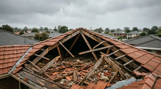 Scène réaliste d'une toiture effondrée avec débris de charpente et tuiles au sol sous une lumière naturelle