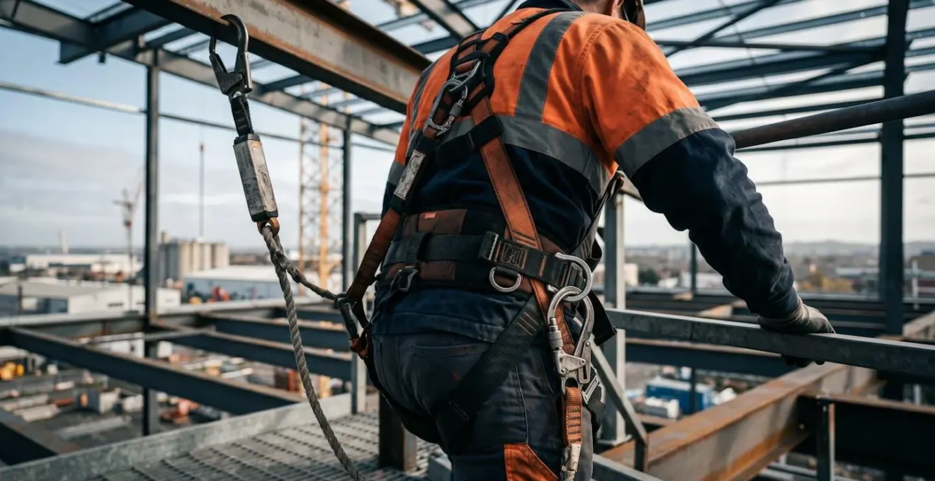 Vue en contre-plongée dramatique montrant l'environnement de travail en hauteur et l'importance critique des équipements de protection