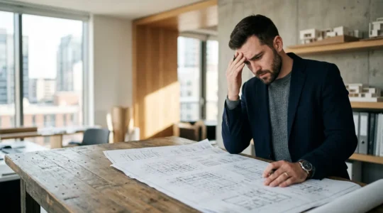 Ingénieur structure face à des plans de bâtiment avec expression préoccupée symbolisant la responsabilité professionnelle