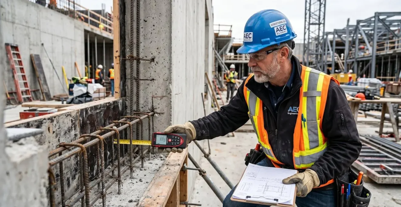 Expert en bâtiment examinant des détails de construction avec outil de mesure professionnel