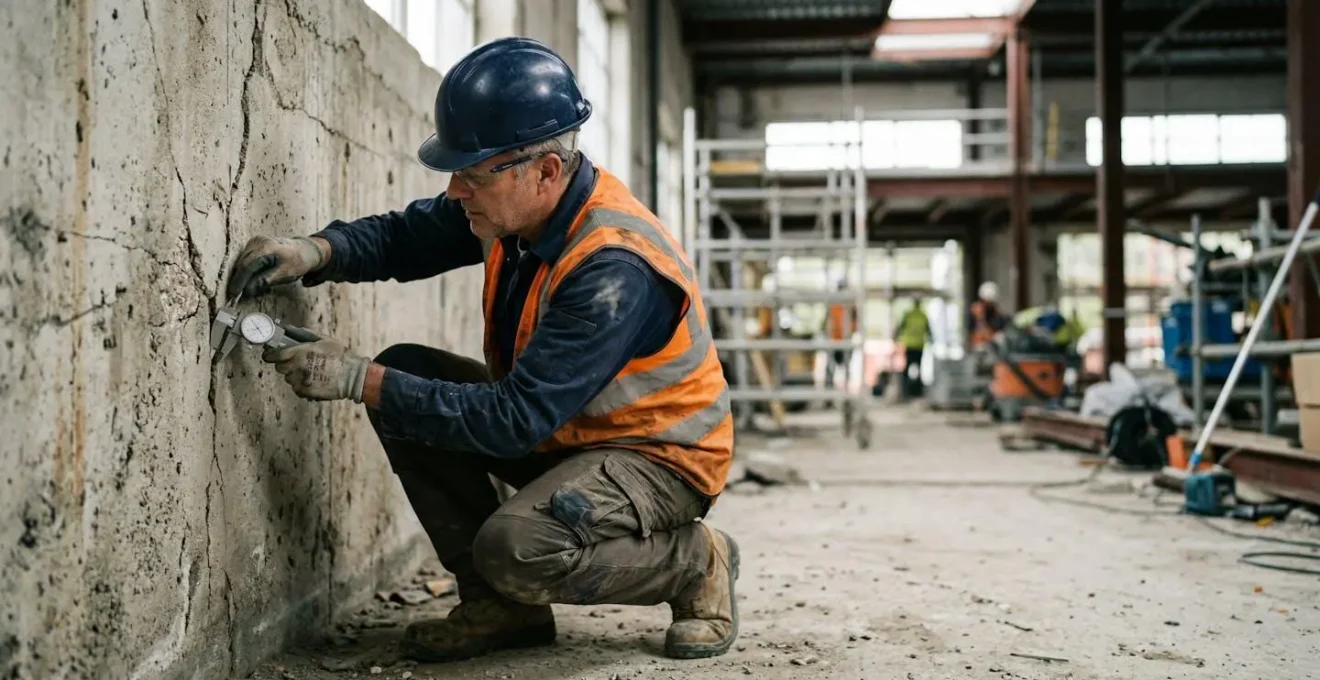 Scène d'expertise technique sur un chantier de construction révélant des défauts cachés