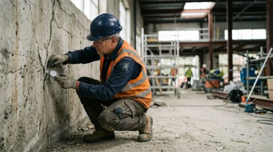 Scène d'expertise technique sur un chantier de construction révélant des défauts cachés