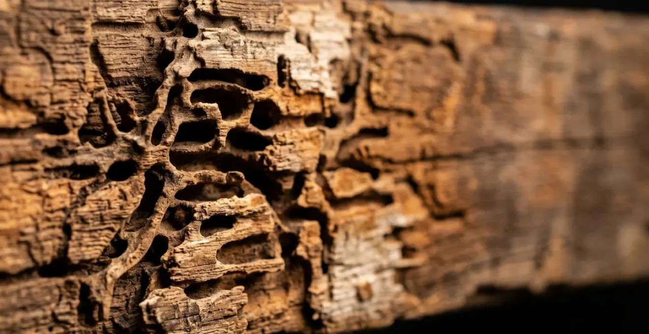 Inspection macro détaillée de galeries de termites dans une poutre en bois révélant l'ancienneté de l'infestation