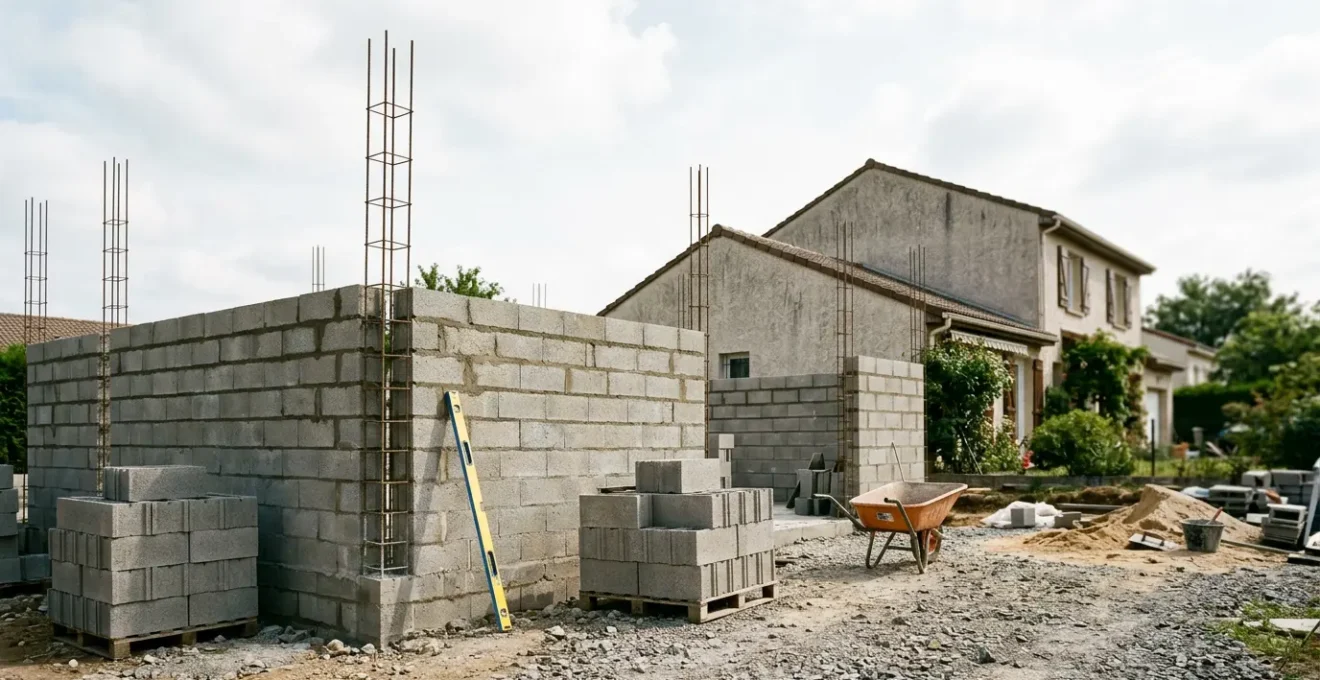 Chantier d'extension de maison en parpaings avec murs en construction et aciers de chaînage visibles