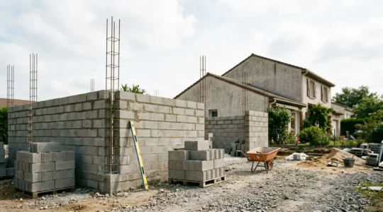 Chantier d'extension de maison en parpaings avec murs en construction et aciers de chaînage visibles