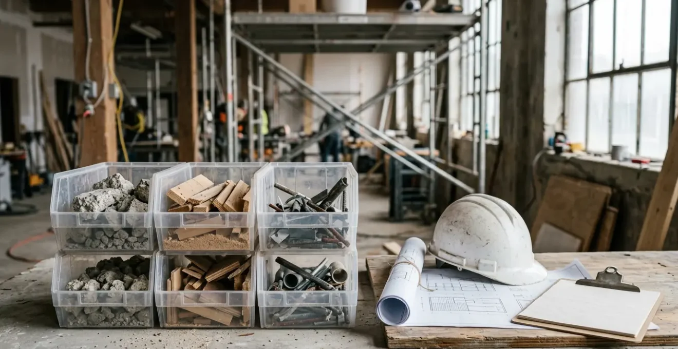 Chantier de rénovation avec zones de tri des déchets et documents réglementaires illustrant les risques de non-conformité