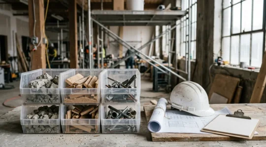 Chantier de rénovation avec zones de tri des déchets et documents réglementaires illustrant les risques de non-conformité