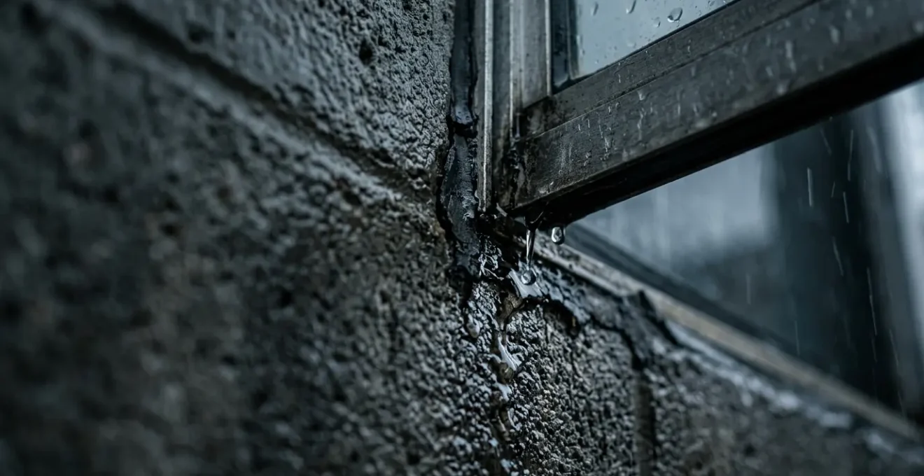 Détail de menuiserie extérieure avec infiltration d'eau lors d'une tempête