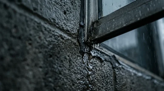 Détail de menuiserie extérieure avec infiltration d'eau lors d'une tempête