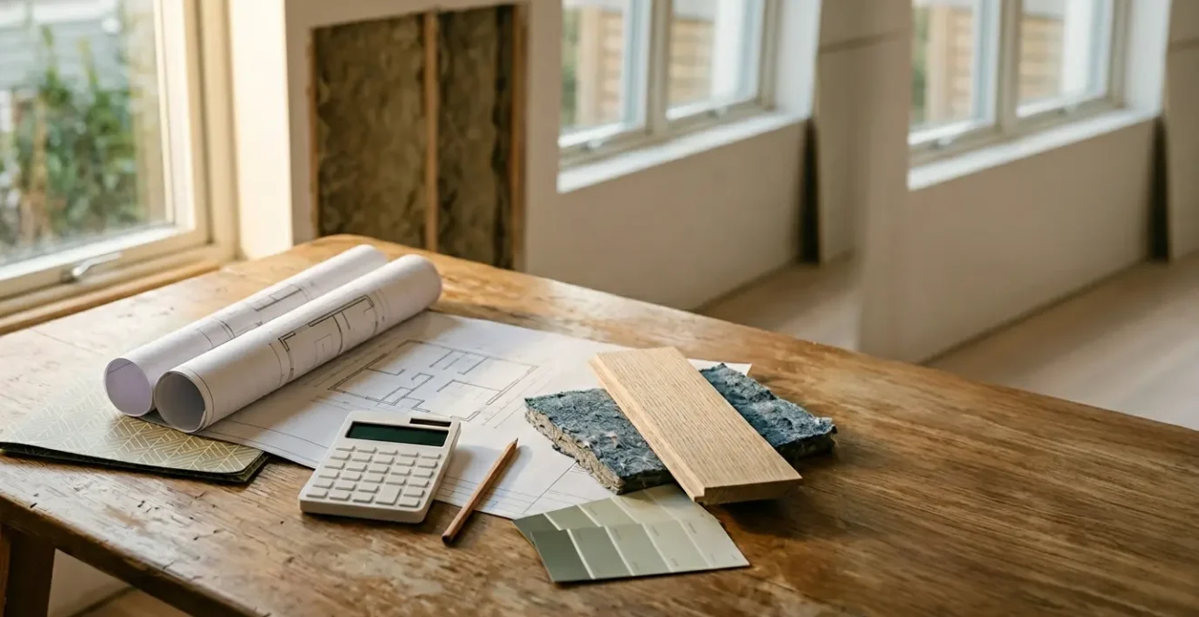 Projet de rénovation énergétique d'une maison avec documents de financement et plans architecturaux