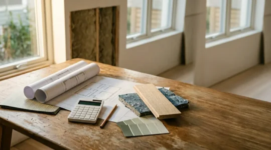 Projet de rénovation énergétique d'une maison avec documents de financement et plans architecturaux