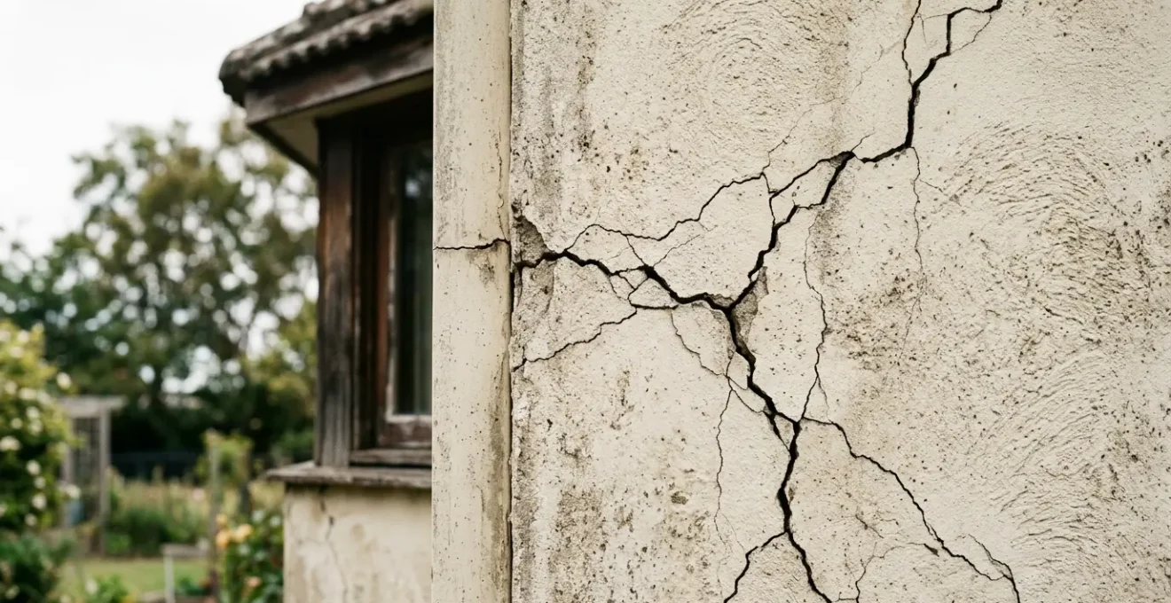 Détail architectural d'un mur de maison présentant des fissures structurelles alarmantes